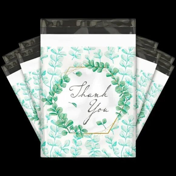 30 Poly Mailers/shipping Bags/ 30 Thank you Stickers - Eucalyptus & plain white - Picture 1 of 4